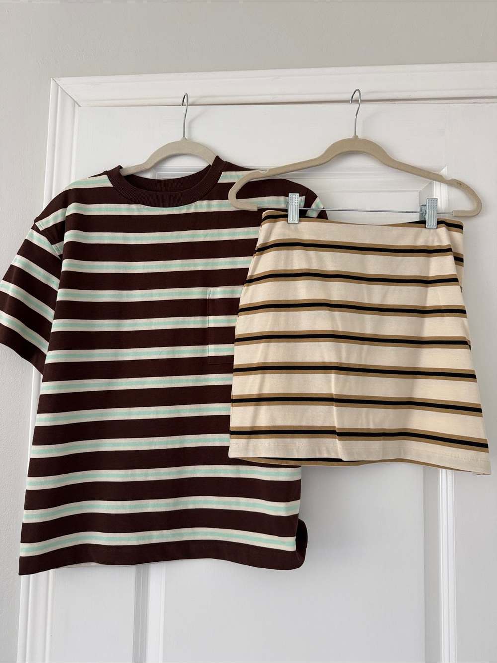 Priced as set - Short Sleeve Stripe Tee in Brown & Mint with Cream striped skirt